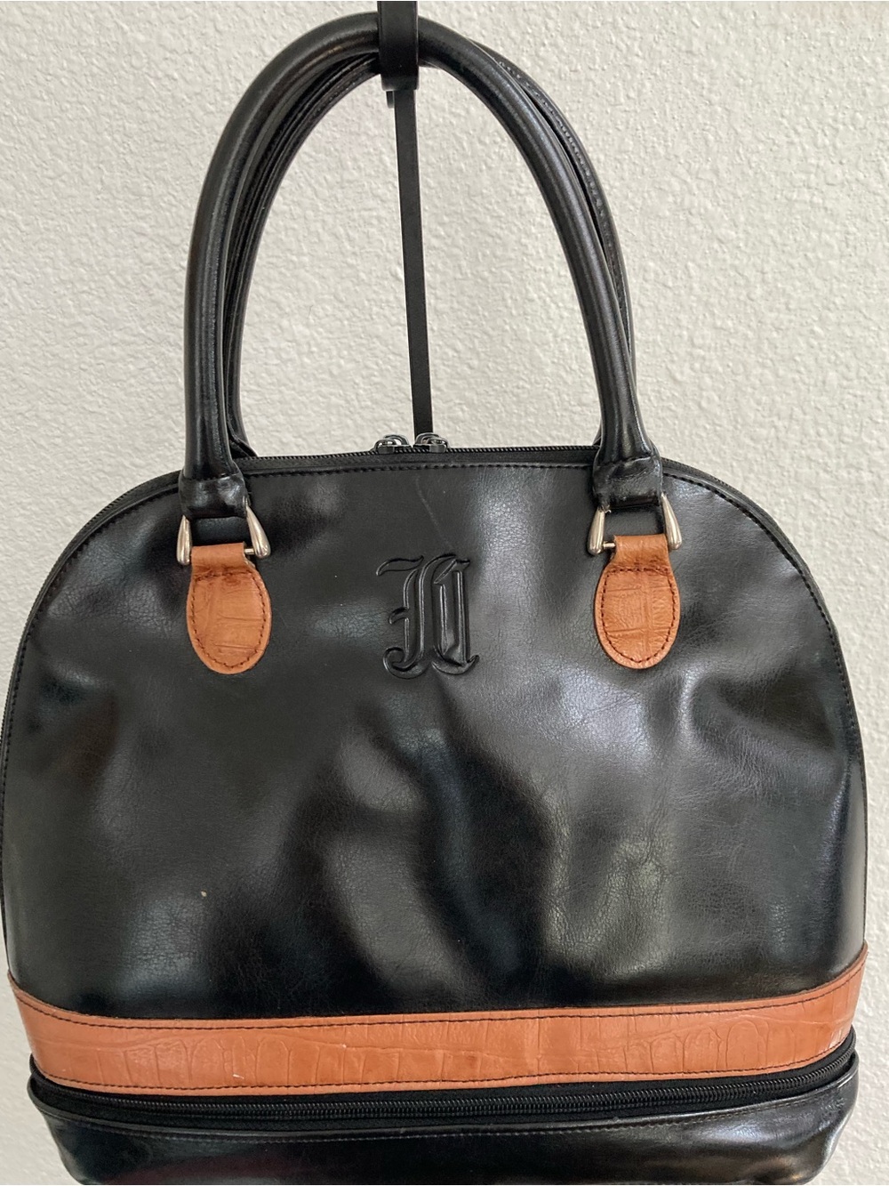 Vintage Arcadia Italy Black & Tan Leather Dome Satchel with Built-In Wallet Base